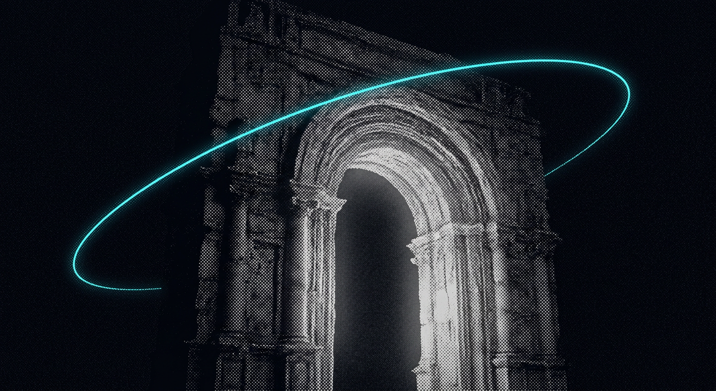 Illustration en points d’une grande porte en arche, entourée d’un arc cyan lumineux