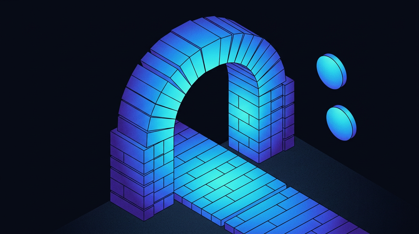 Illustration d’une porte isométrique bleue : une entrée vers la compétition, pas une interface du produit