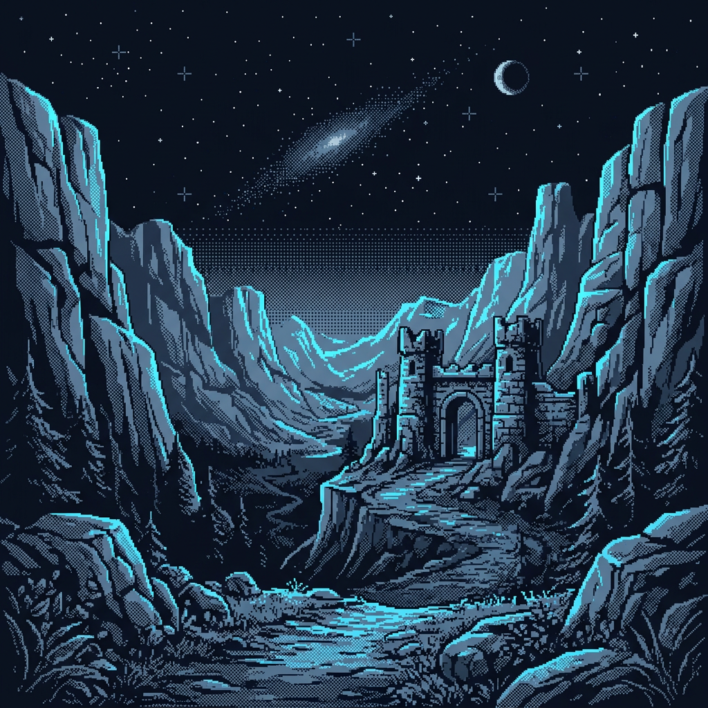 Illustration en pixel art d’une vallée de nuit avec une forteresse en pierre